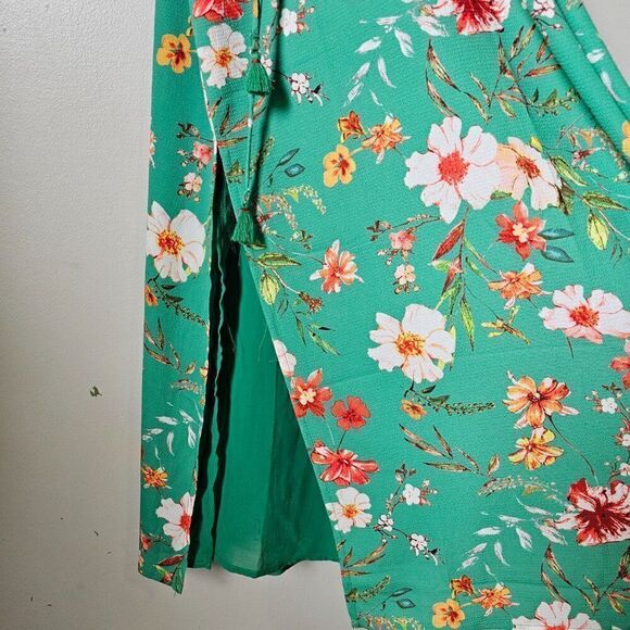 NWT ESSUE GREEN FLORAL V NECK SPAGHETTI STRAP MAXI DRESS SLIT SIDES SIZE L - Picture 11 of 15